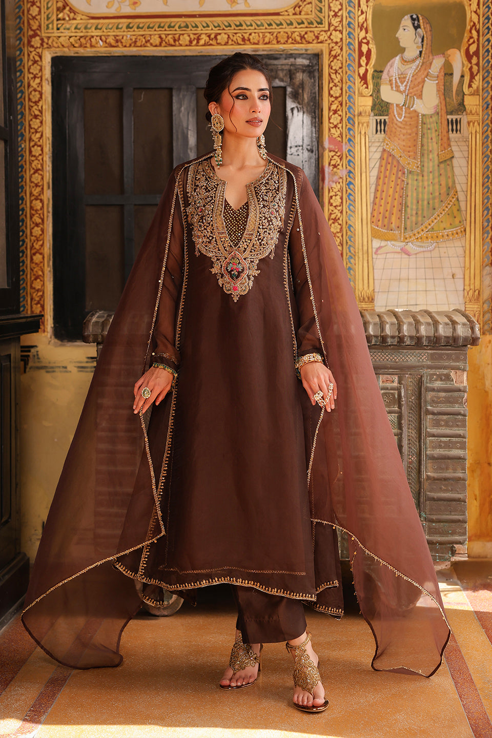 Ahista Brown Pakhi Yoke Pheran Long Kurta Set