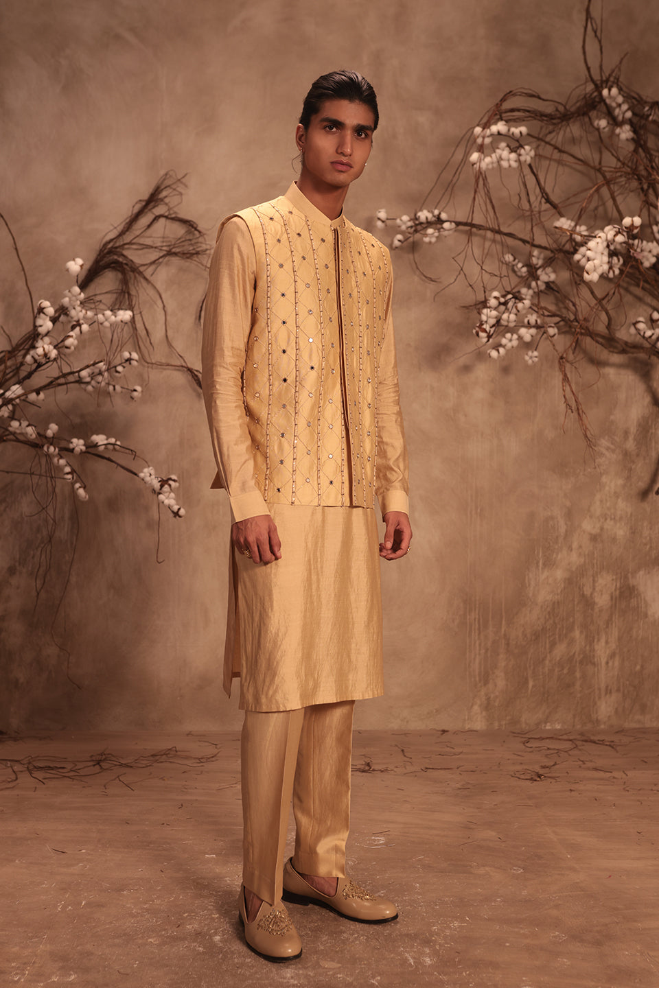 Nazakat Ivory Geometric Mirror Work Bandi Kurta Set