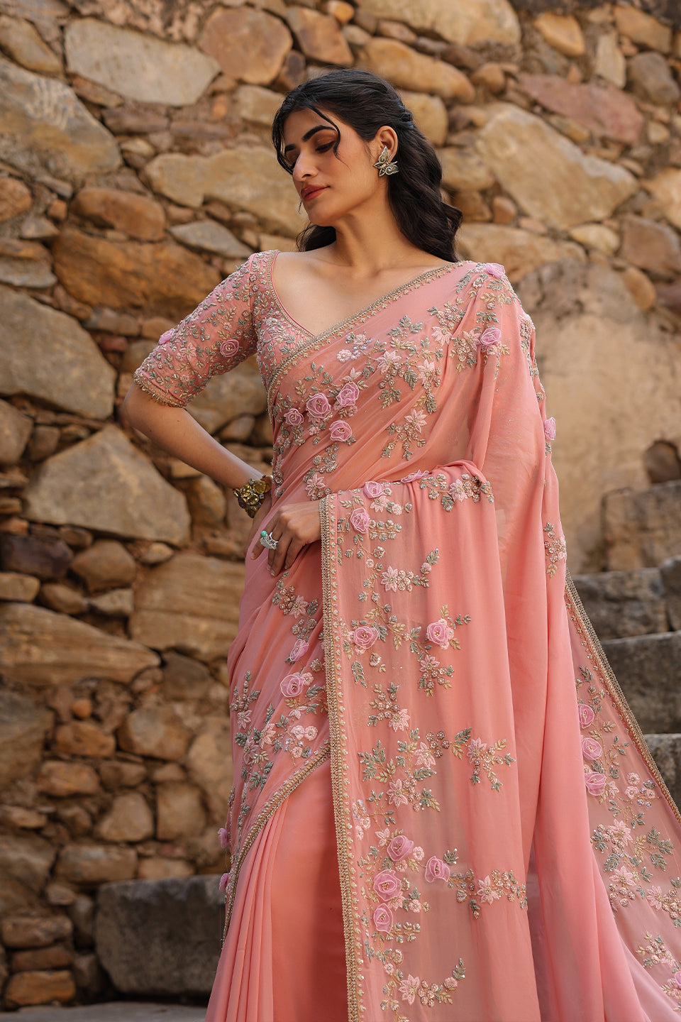 Vaayu Pink Jaal Saree Set