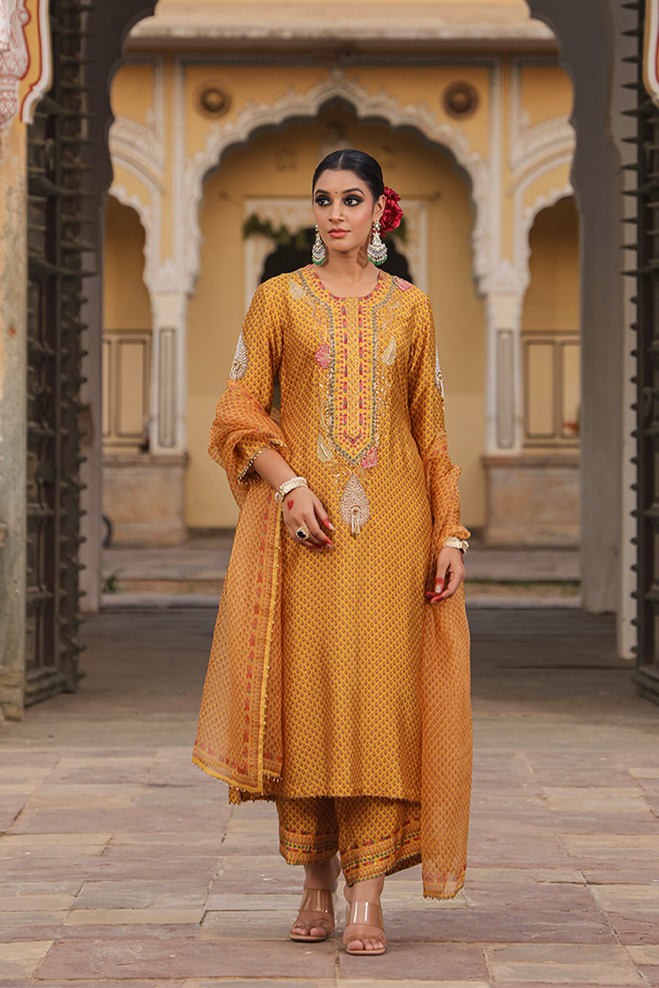 Cheent Print Heavy Neck Kurta Set