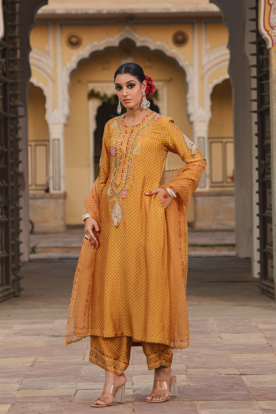 Cheent Print Heavy Neck Kurta Set