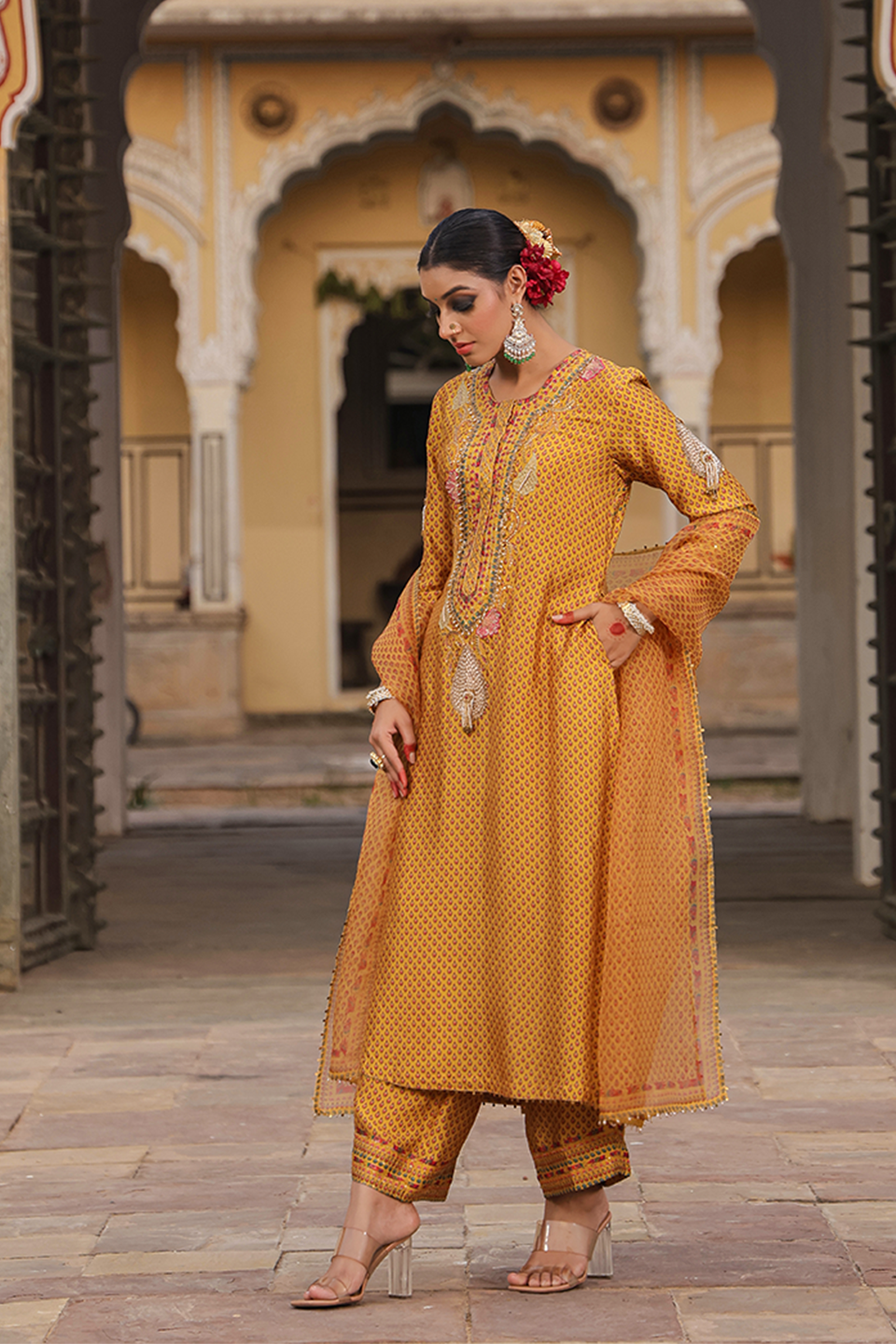 Cheent Print Heavy Neck Kurta Set