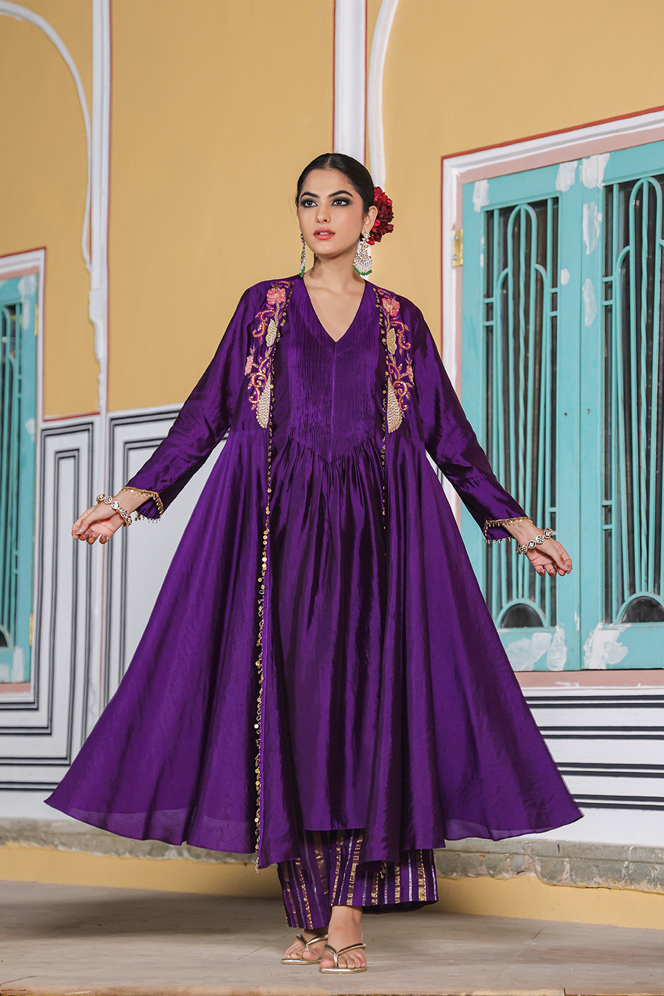 Cheent Embroidery Solid Jacket Kurta Set