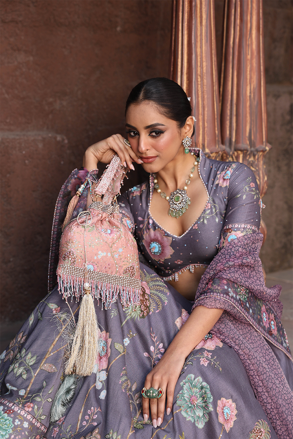 Peach Mughal Embroidered Potli Bag