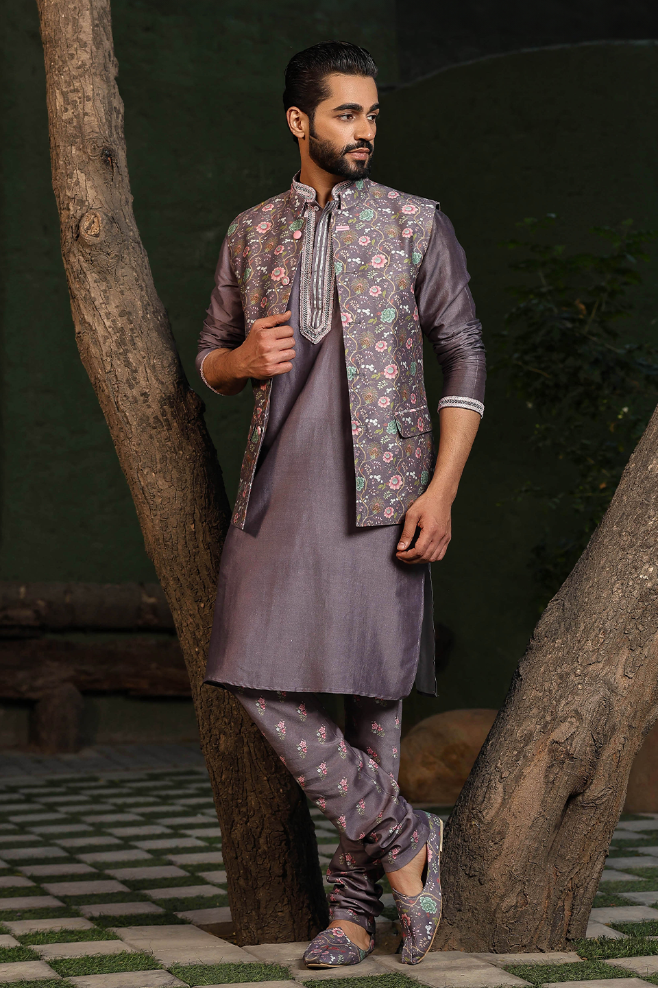 Purple Mughal Printed Bandi & Embroidered Kurta Set