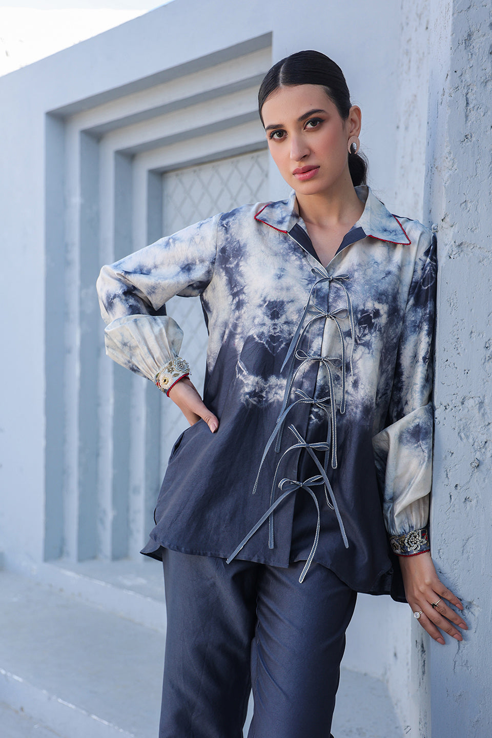 Grey Shibori Rose Tie-Up Co-ord Set
