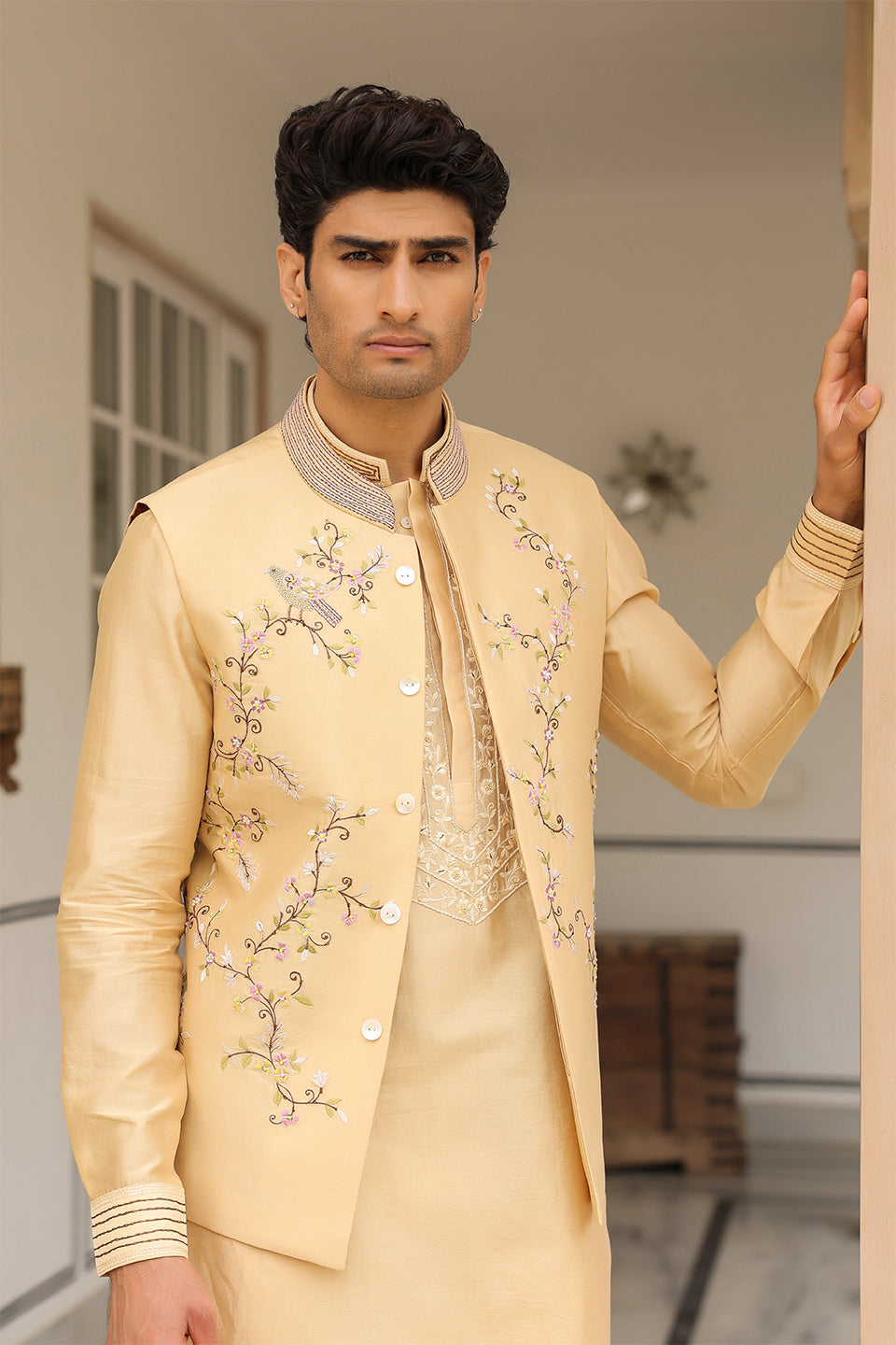 Gulzar Beige Jaal Embroidered Bandi Kurta Set