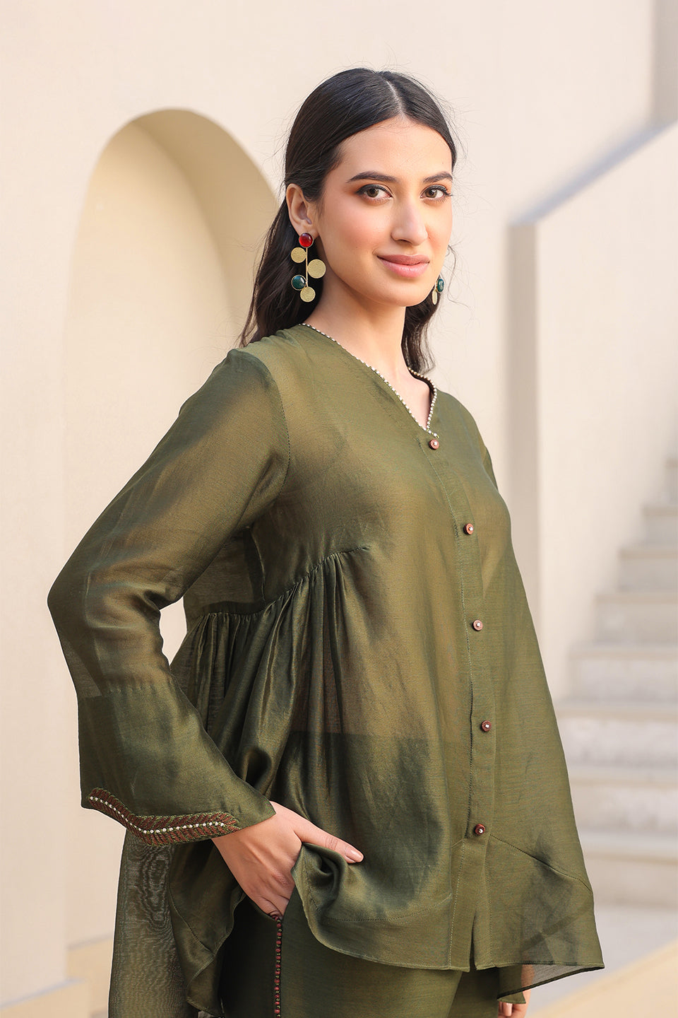 Olive Green V Neck Gathered Co-ord Set