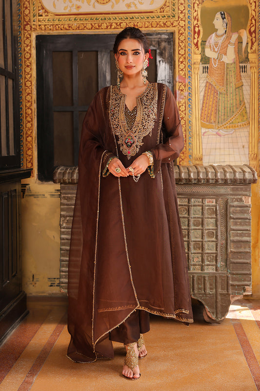 Ahista Brown Pakhi Yoke Pheran Long Kurta Set