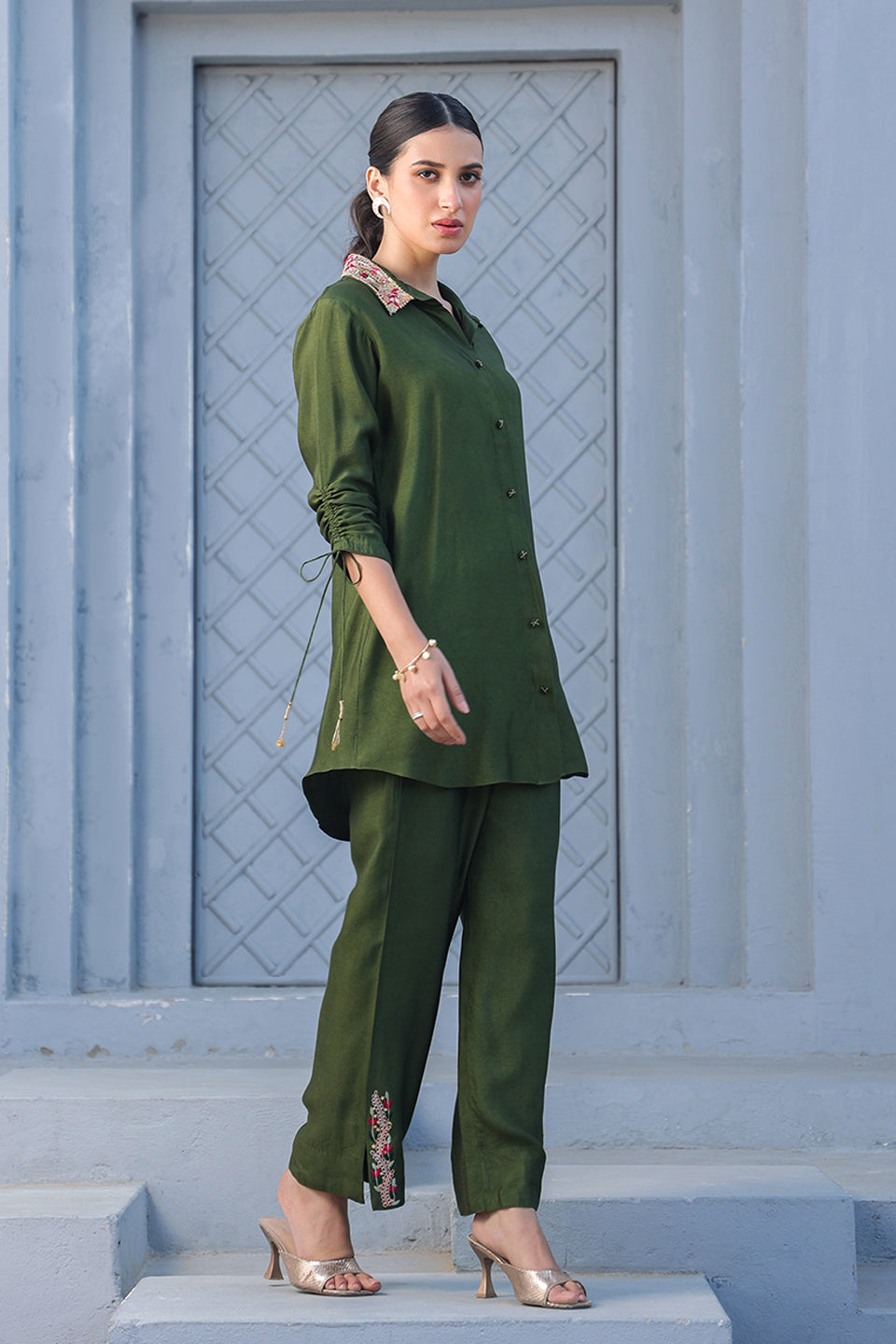 Olive Green Zardozi Collar Co-ord Set