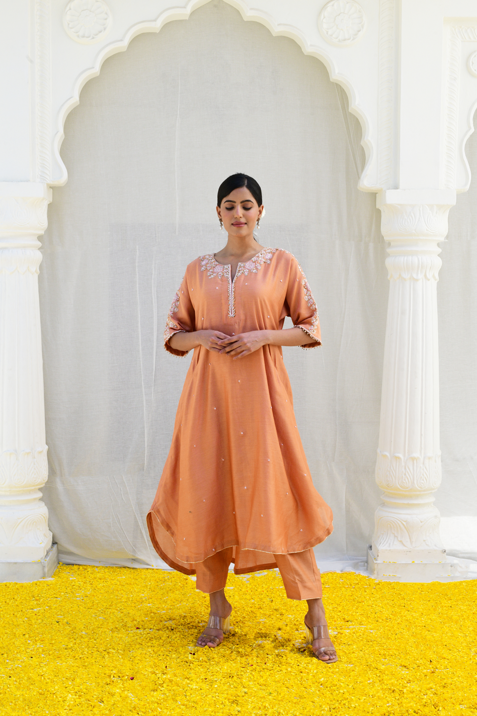 Peach Roselyn Shoulder Embroidery Kurta Set