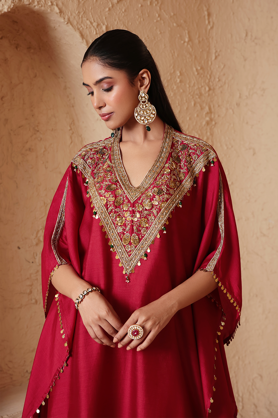 Zar:Rang Maroon V Neck Kaftan Set