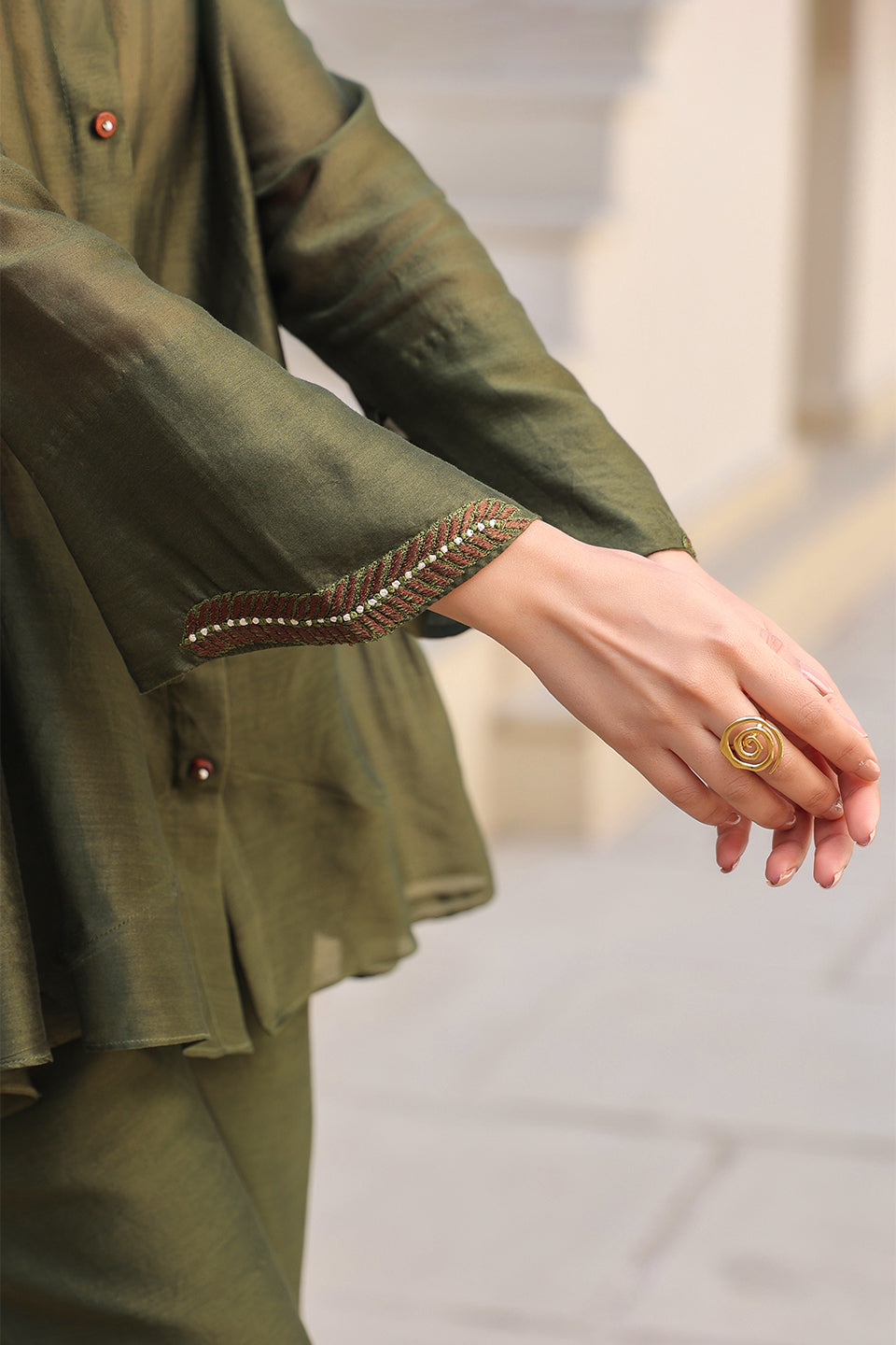 Olive Green V Neck Gathered Co-ord Set