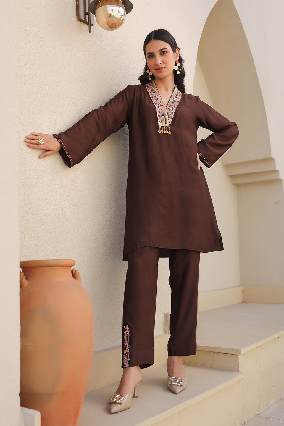 Brown Paisley V Neck Top