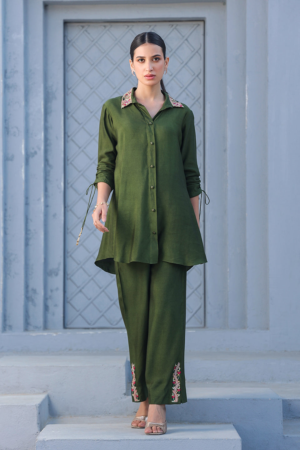 Olive Green Zardozi Collar Co-ord Set