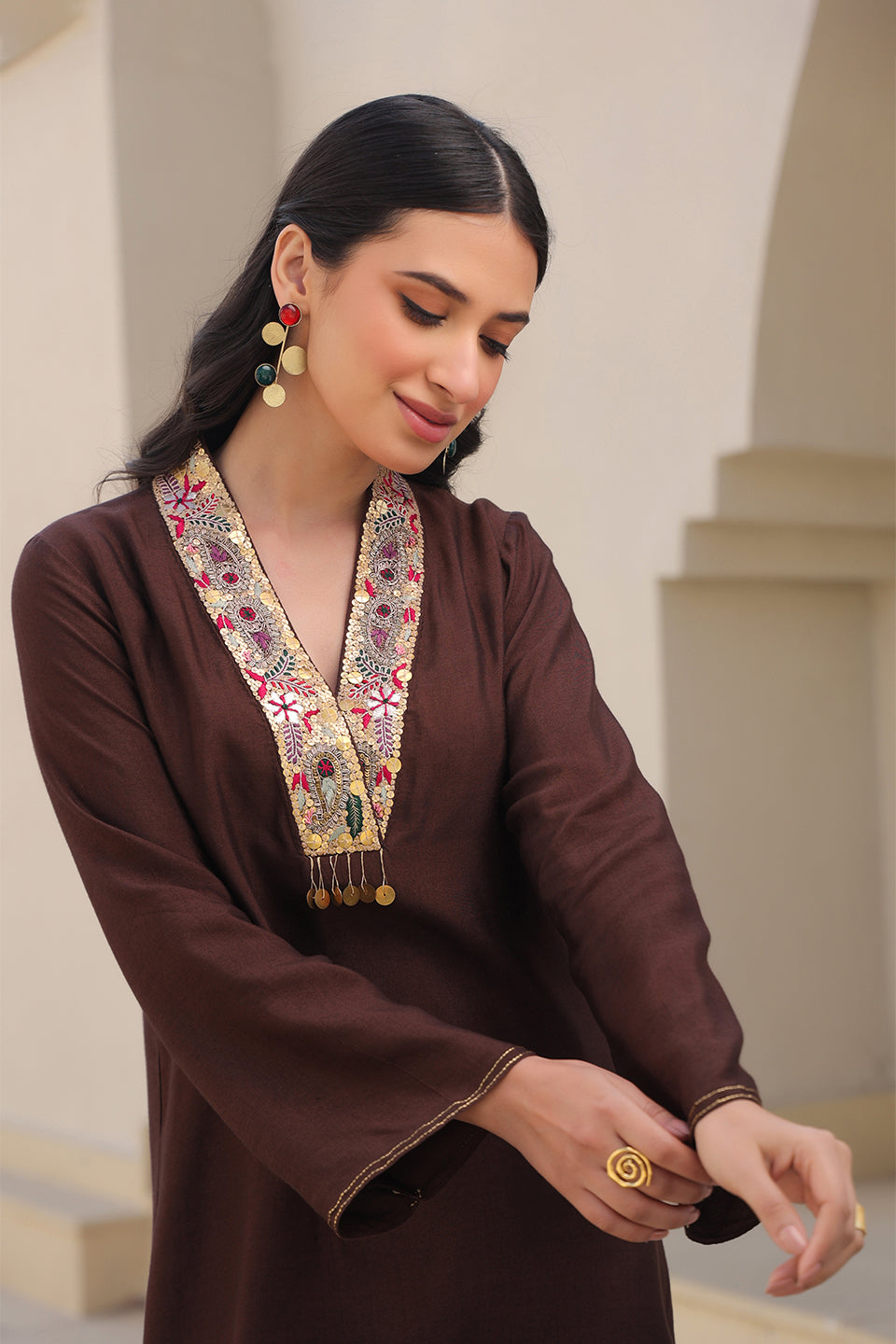 Brown Zardozi Paisley V Neck Co-ord Set