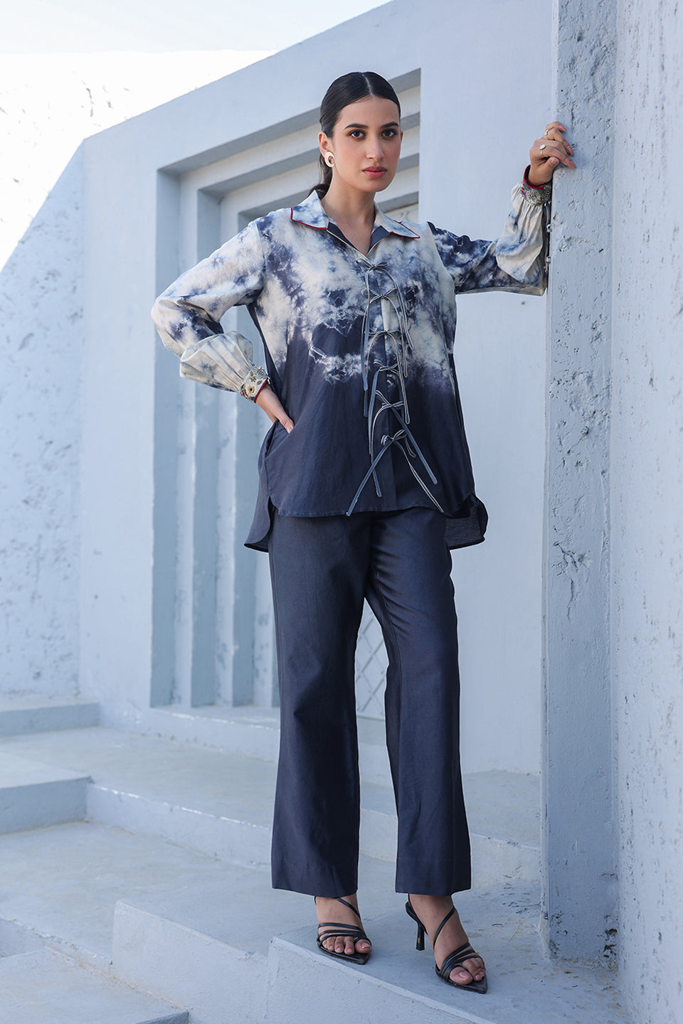 Grey Shibori Rose Tie-Up Co-ord Set