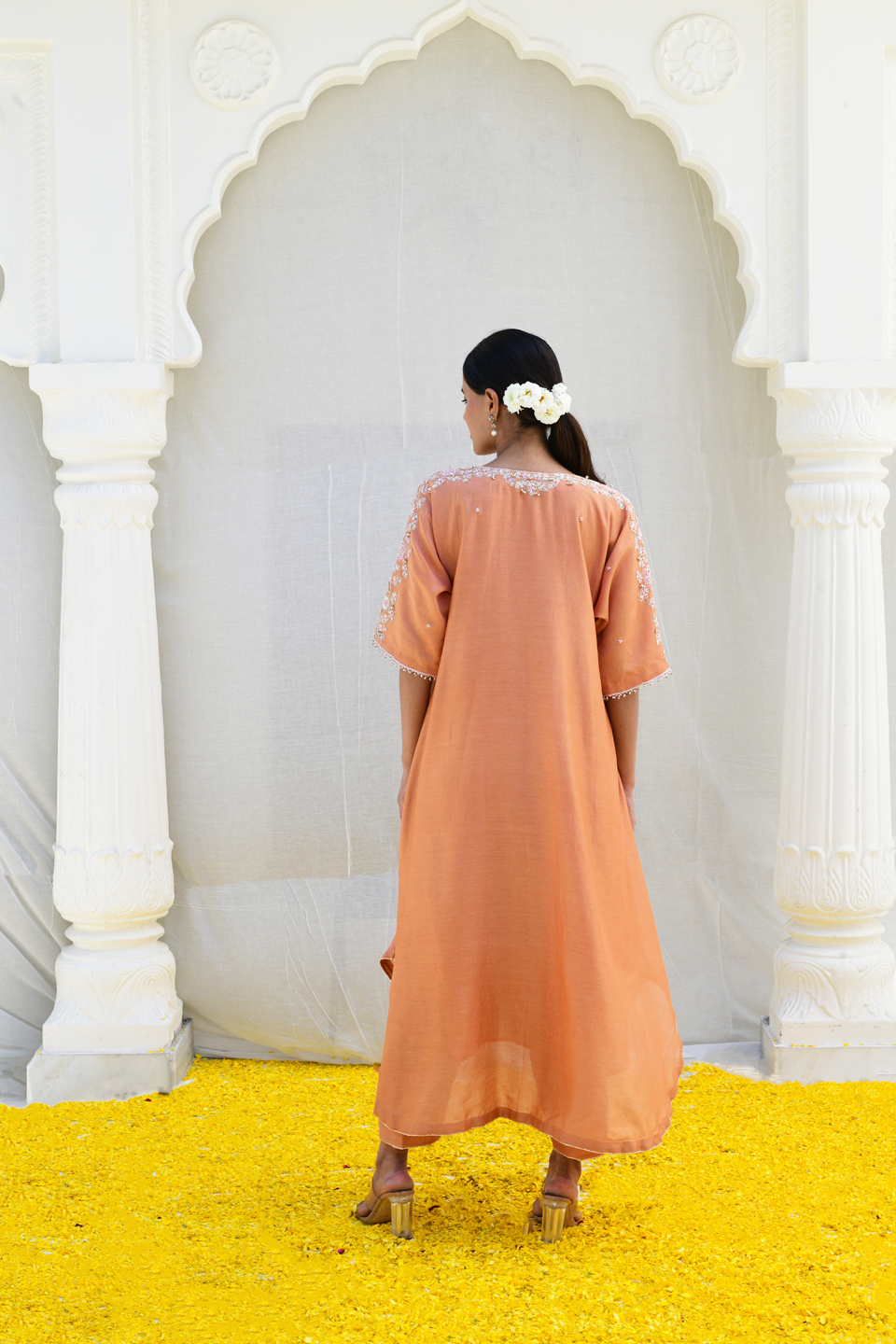 Peach Roselyn Shoulder Embroidery Kurta Set