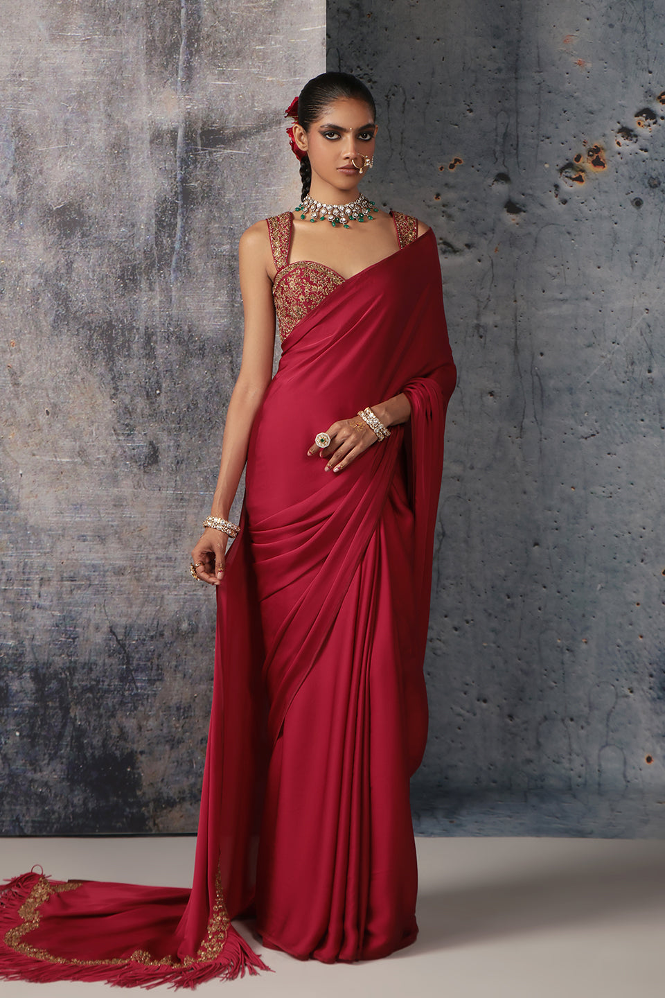 Zar:Rang Maroon Heavy Fringe Saree Set