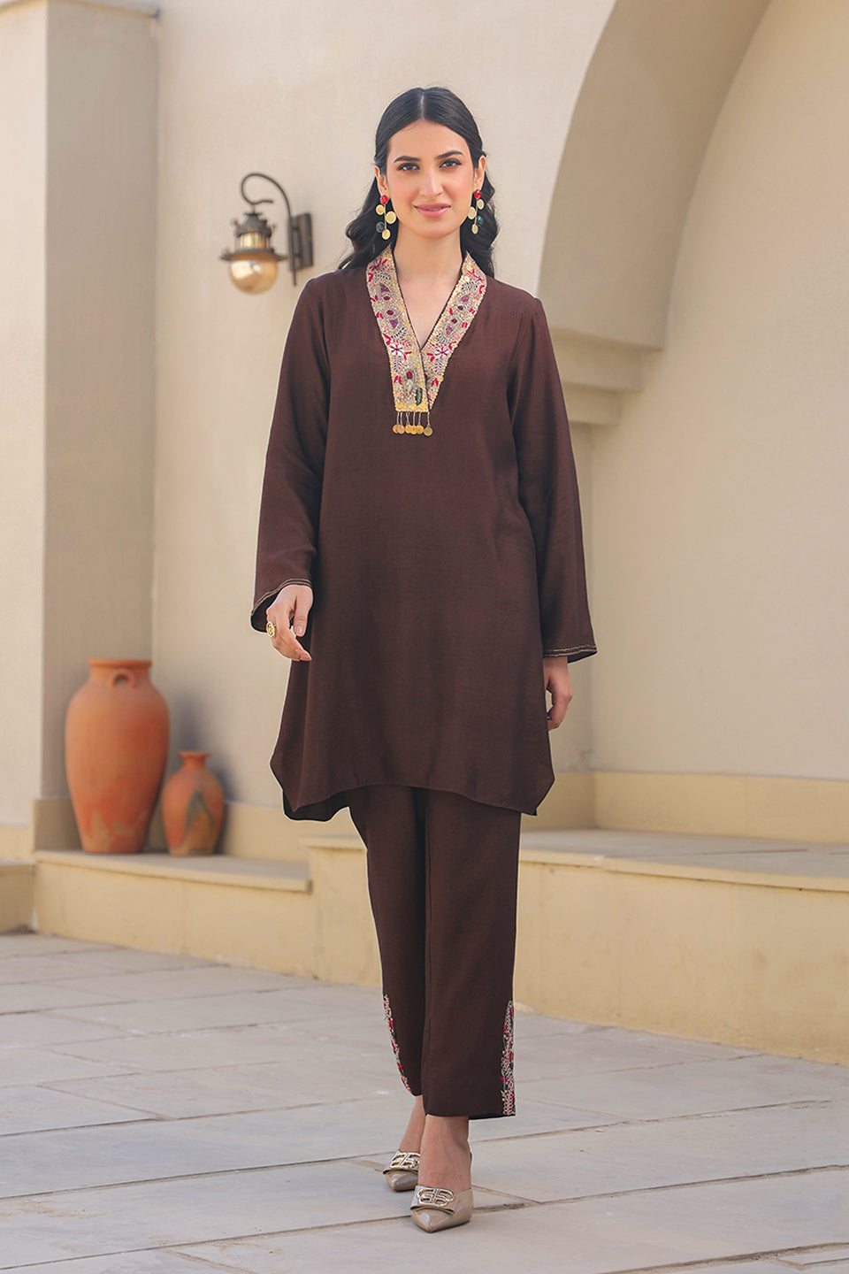 Brown Zardozi Paisley V Neck Co-ord Set
