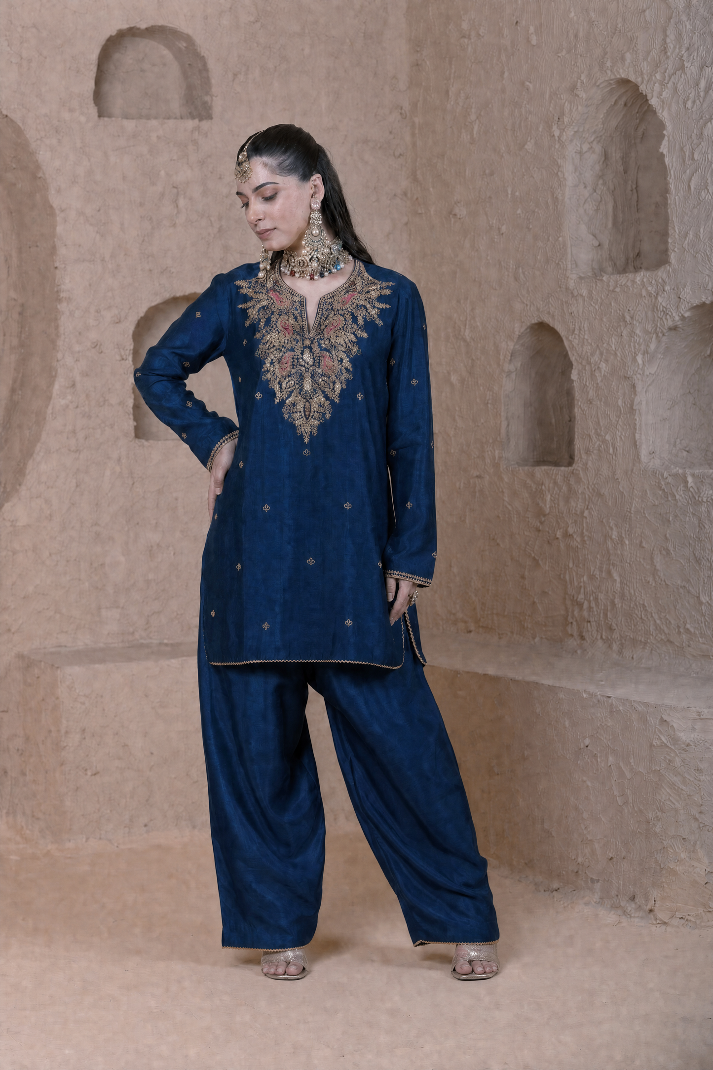Rangrez Blue Heavy Neck Short Kurta Set
