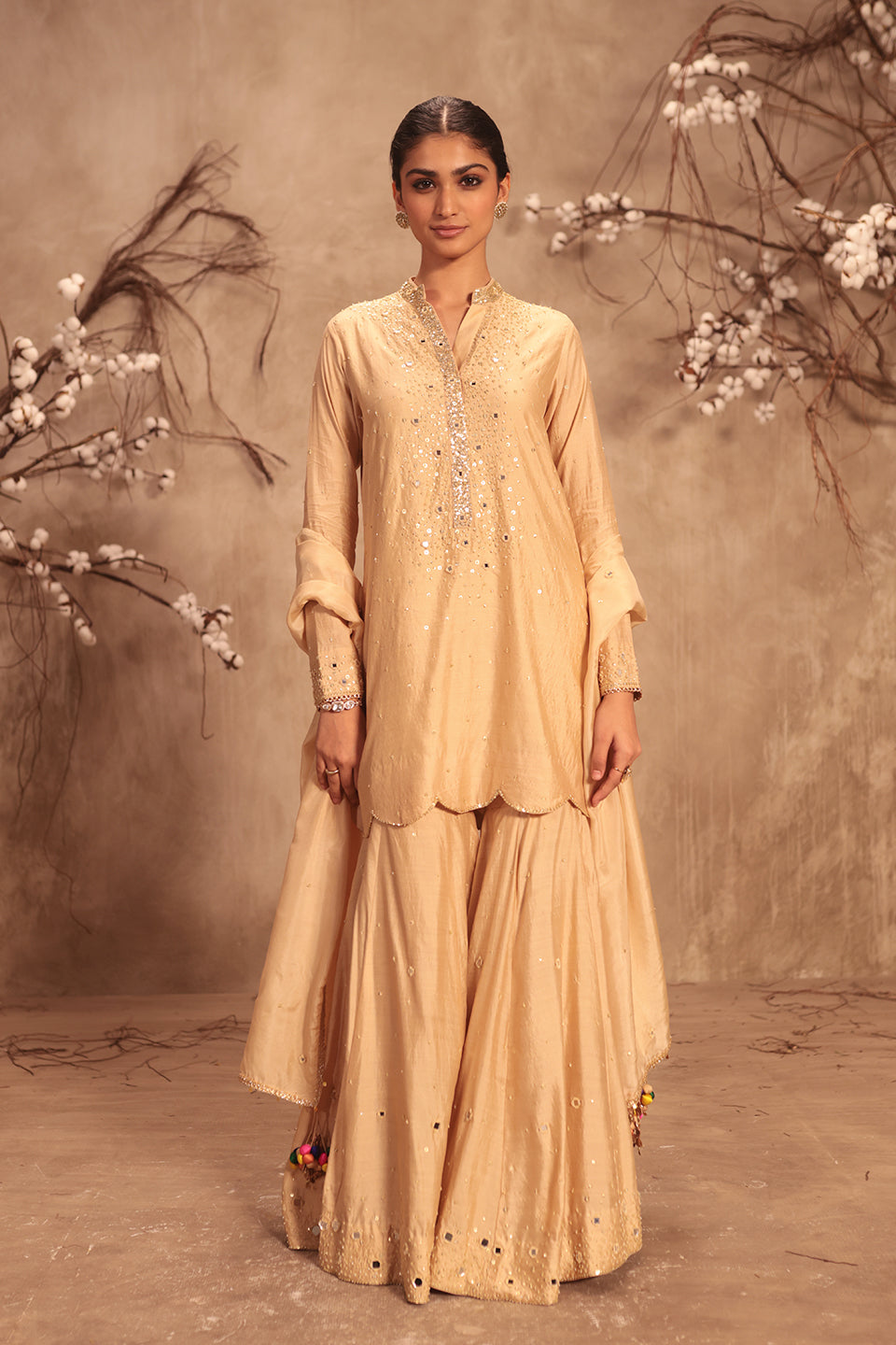 Nazakat Ivory Heavy Mirror Work Sharara Set