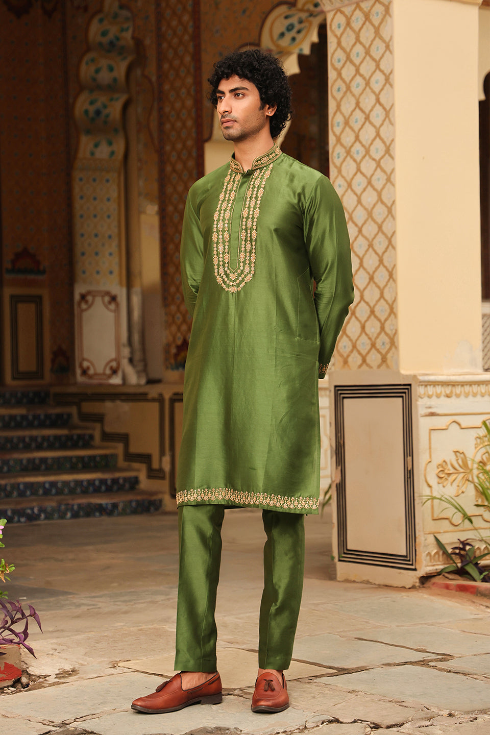 Ahista Green Tikki Embroidered Neckline Kurta Set