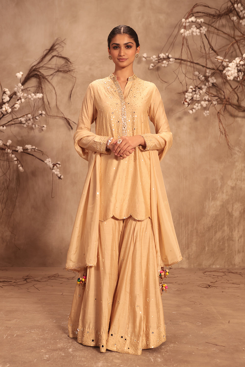 Nazakat Ivory Heavy Mirror Work Sharara Set