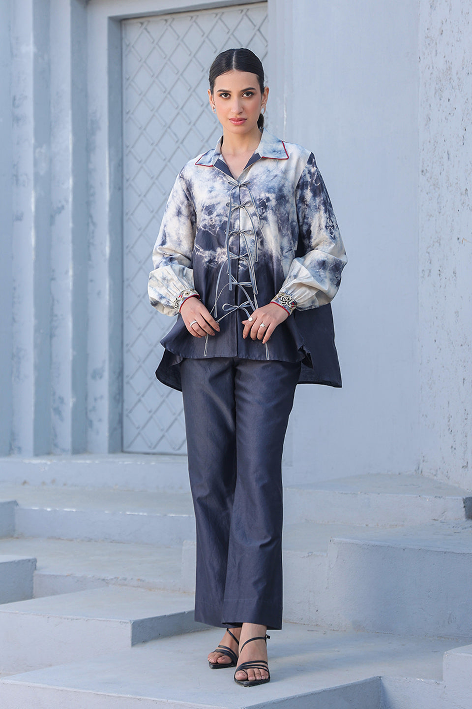 Grey Shibori Rose Tie-Up Co-ord Set