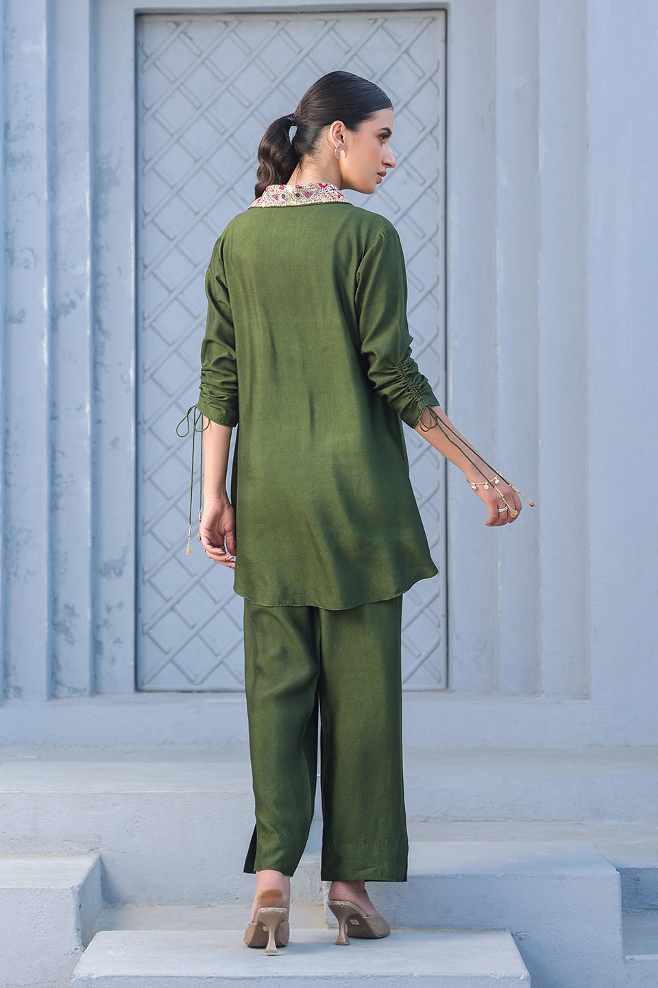 Olive Green Zardosi Collar Shirt