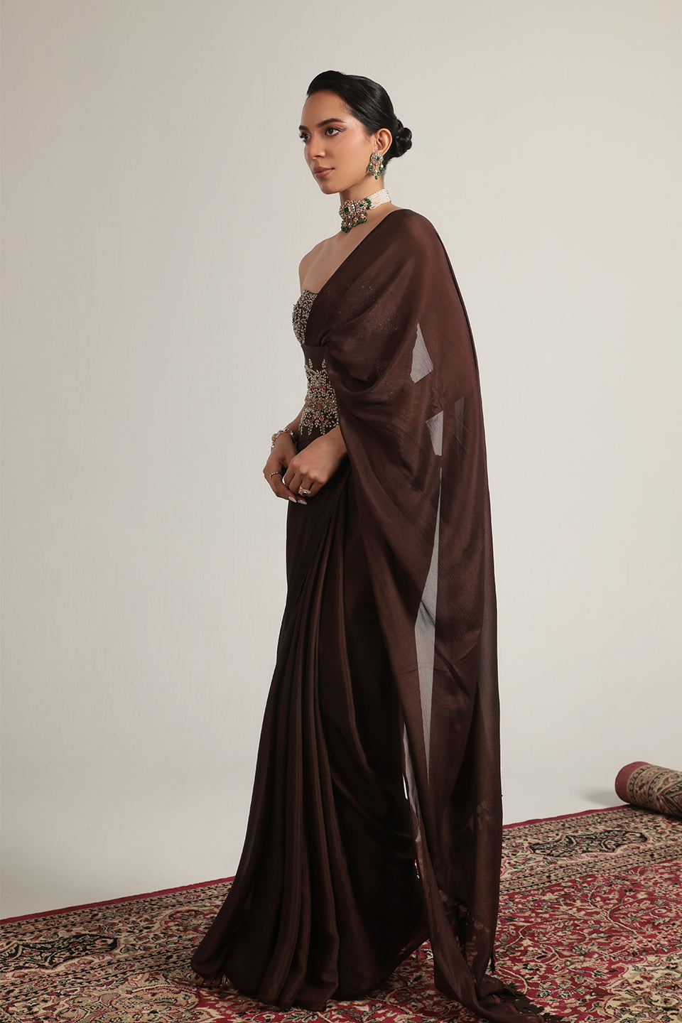 Zar:Rang Brown Double Corset Saree Set