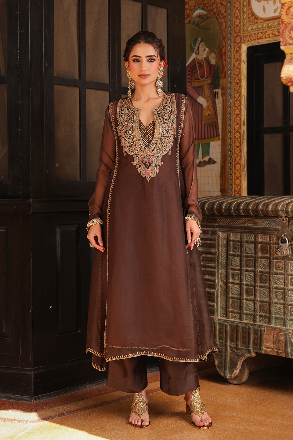 Ahista Brown Pakhi Yoke Pheran Long Kurta Set