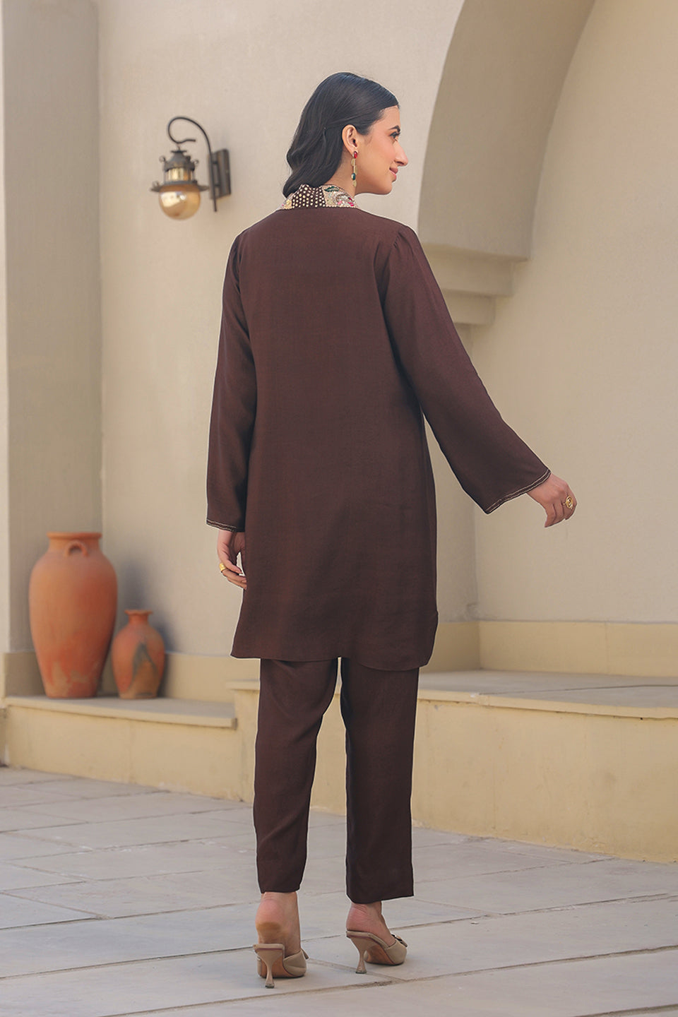 Brown Zardozi Paisley V Neck Co-ord Set
