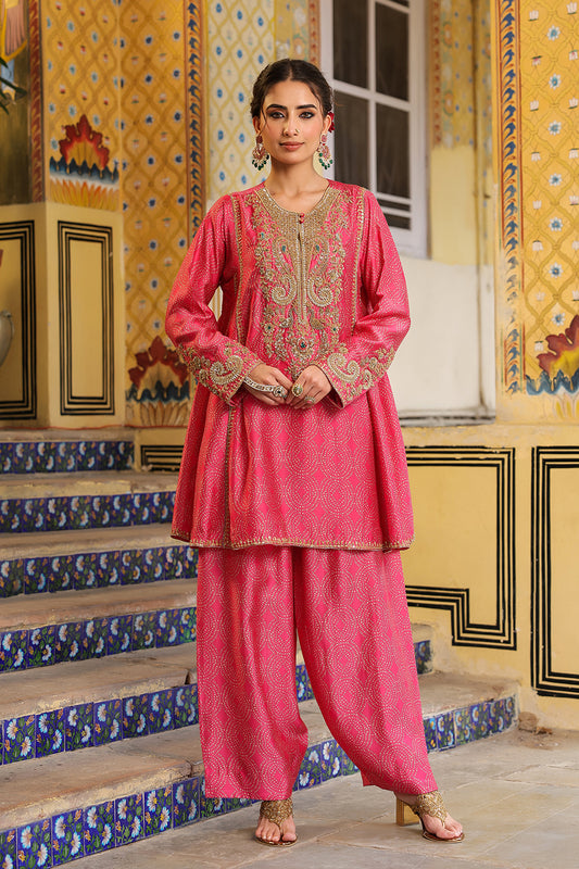 Ahista Pink Printed Pheran Short Kurta Set