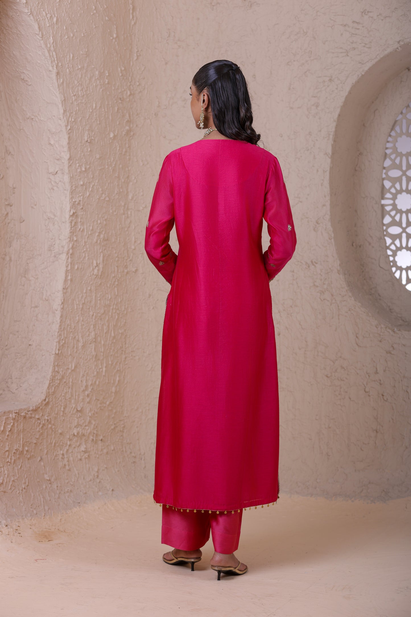 Rangrez Pink Aari Dori Long Kurta Set