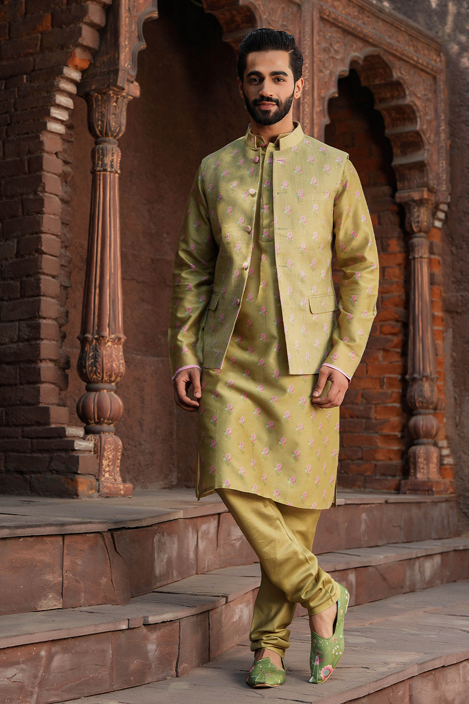 Green Mughal Printed Bandi & Kurta Set