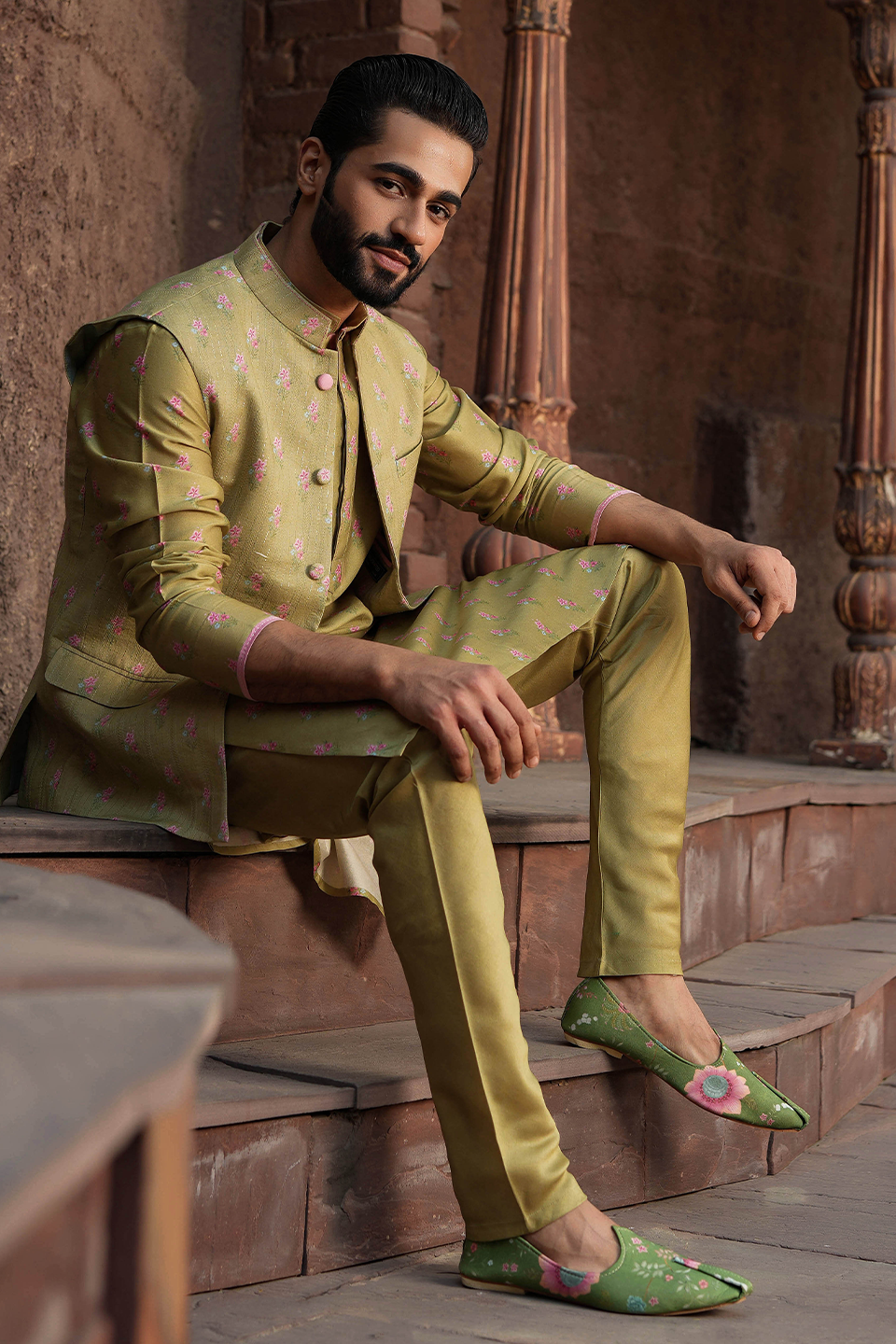 Green Mughal Printed Bandi & Kurta Set