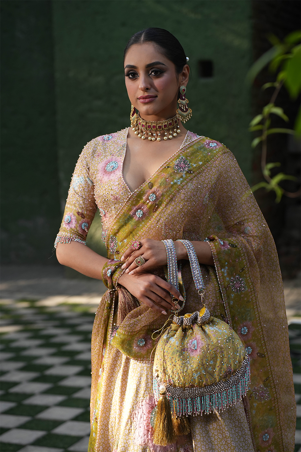 Yellow Mughal Embroidered Potli Bag