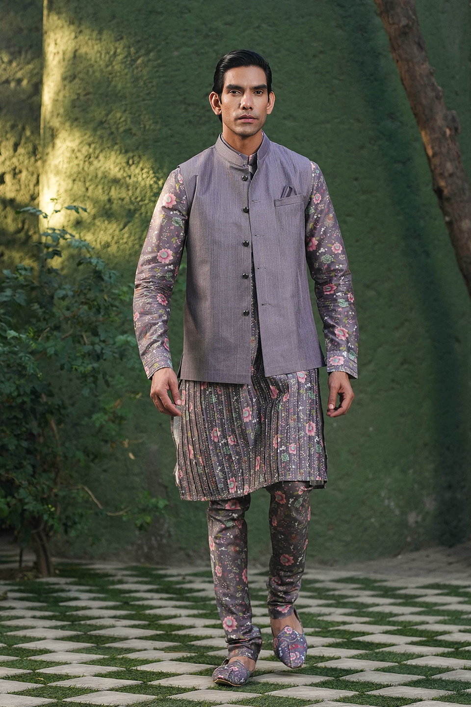 Purple Mughal Pleated Embroidered Kurta Set