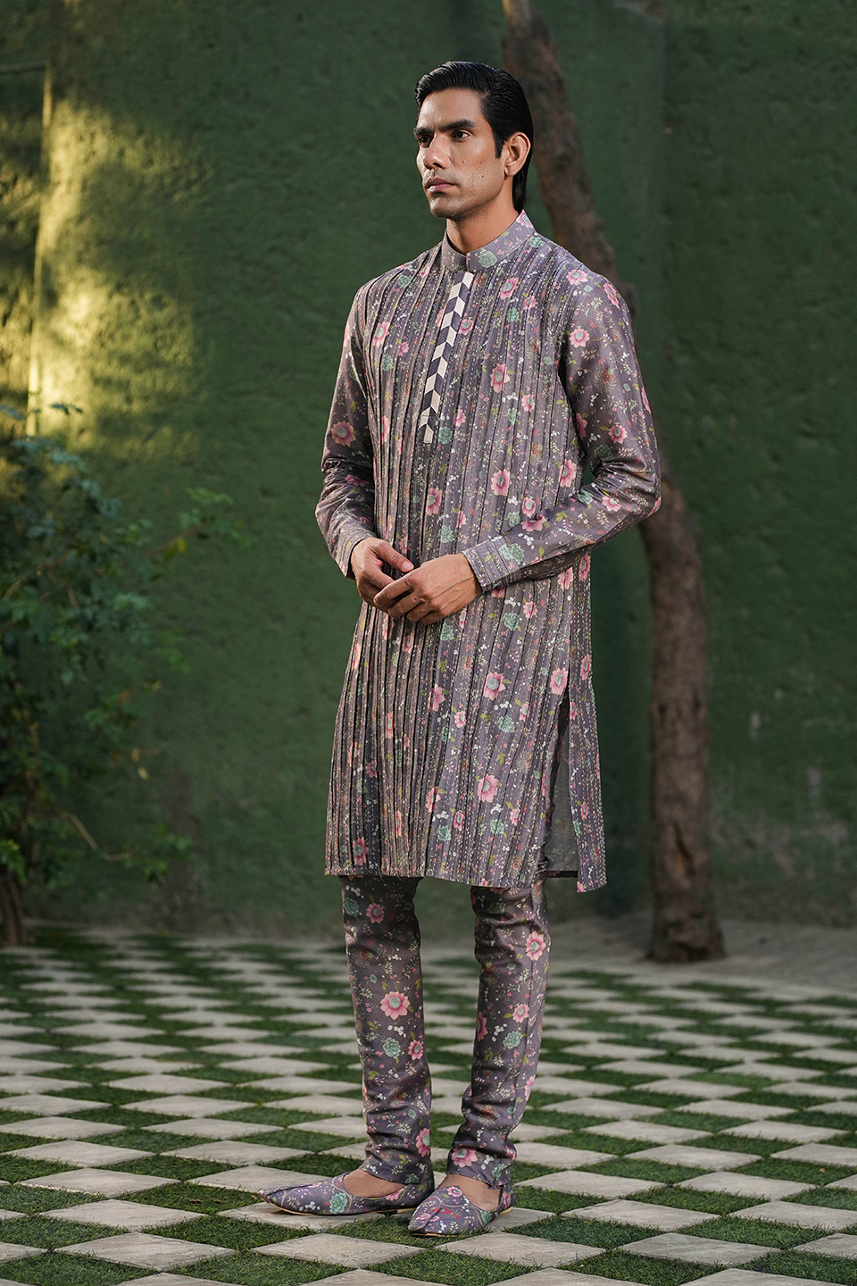 Purple Mughal Embroidered Bandi & Pleated Kurta Set