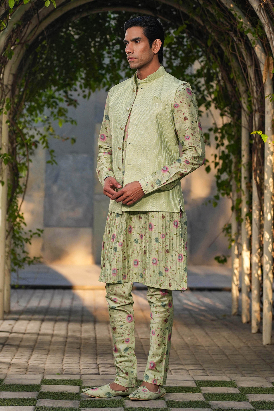 Mint Green Mughal Embroidered Bandi & Pleated Kurta Set