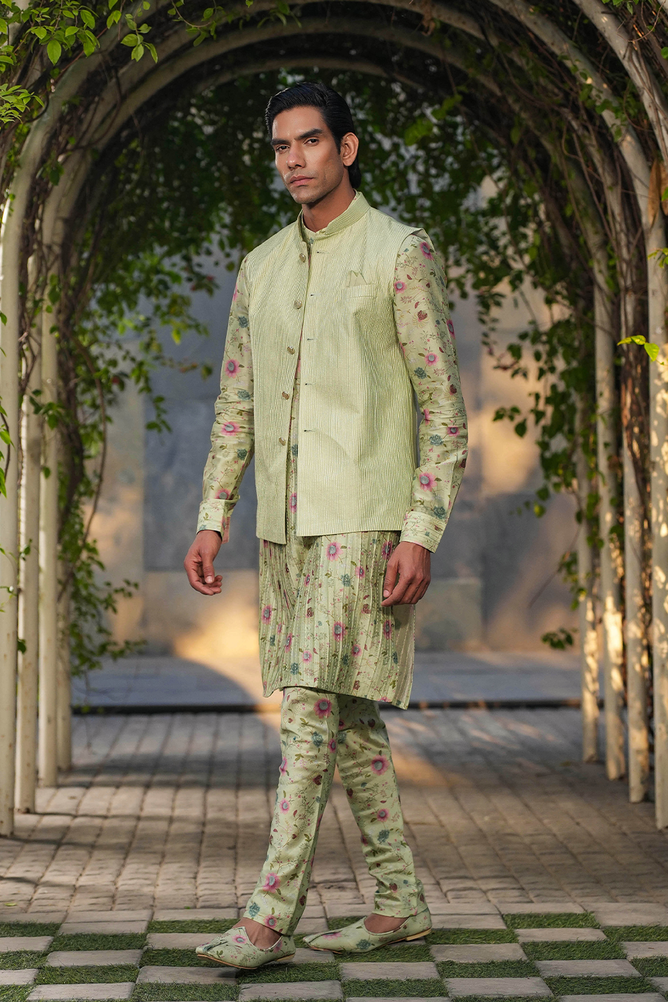 Mint Green Mughal Embroidered Bandi & Pleated Kurta Set