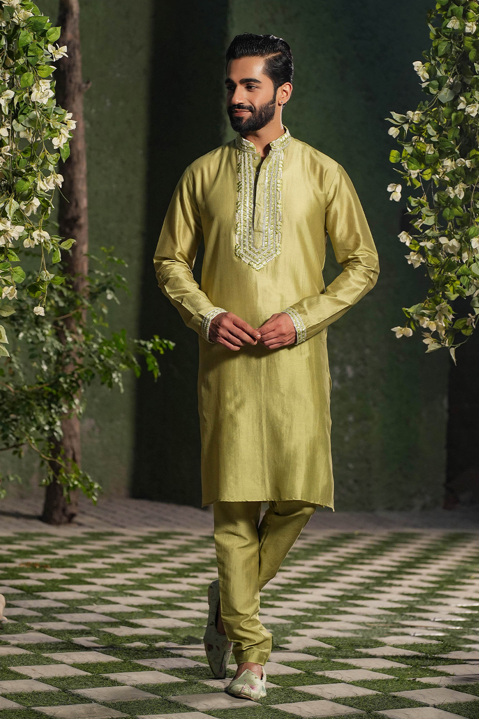 Sap Green Mughal Embroidered Kurta Set