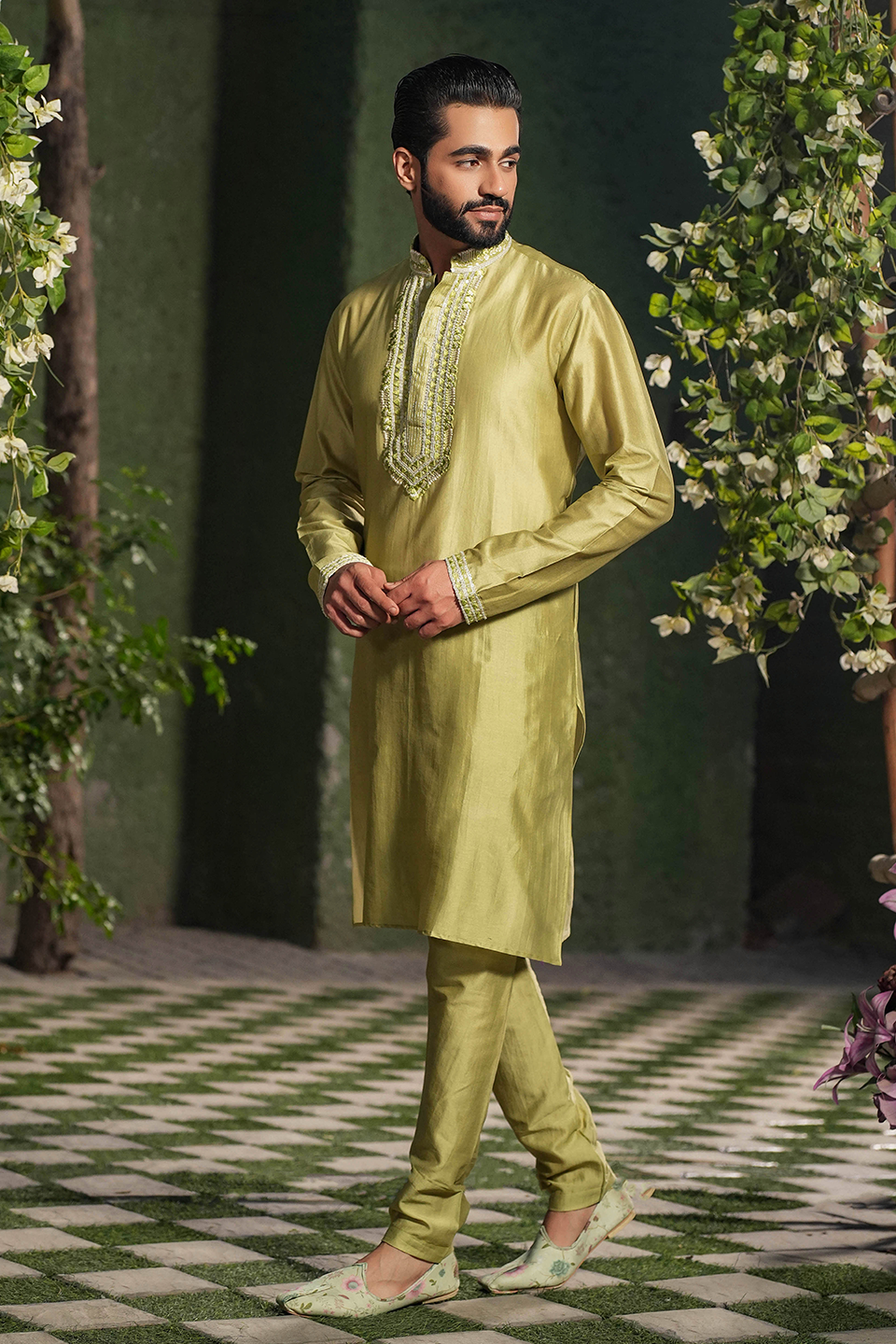 Sap Green Mughal Embroidered Kurta Set