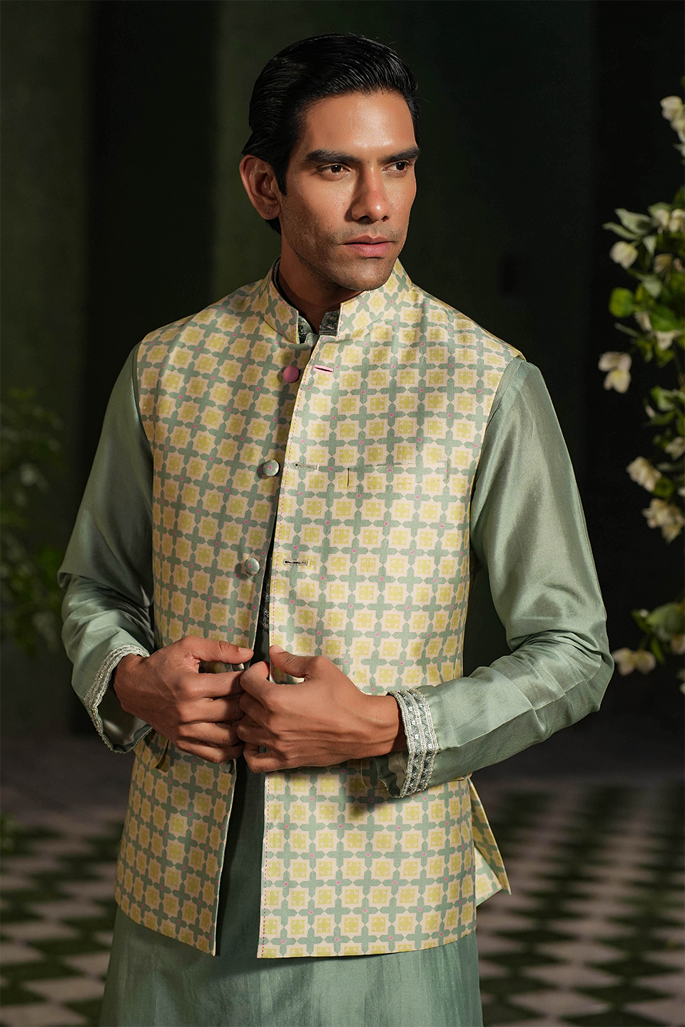 Turquoise Mughal Printed Bandi