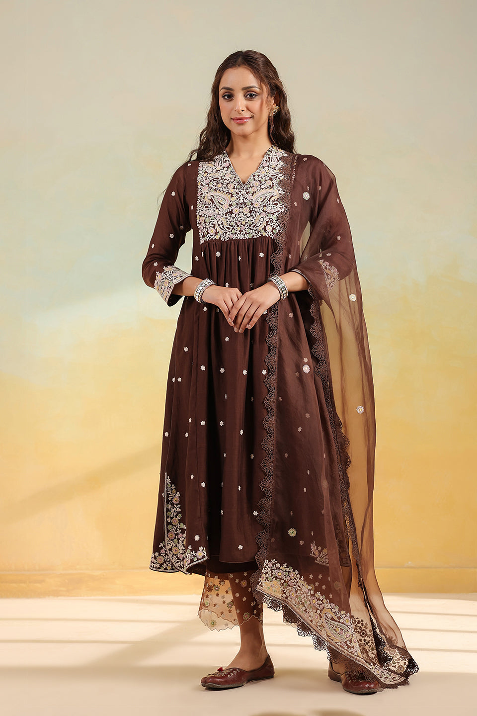 Brown Dori Paisley Frock Style Kurta Set