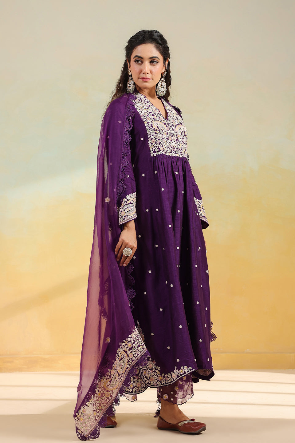 Purple Dori Paisley Frock Style Kurta Set