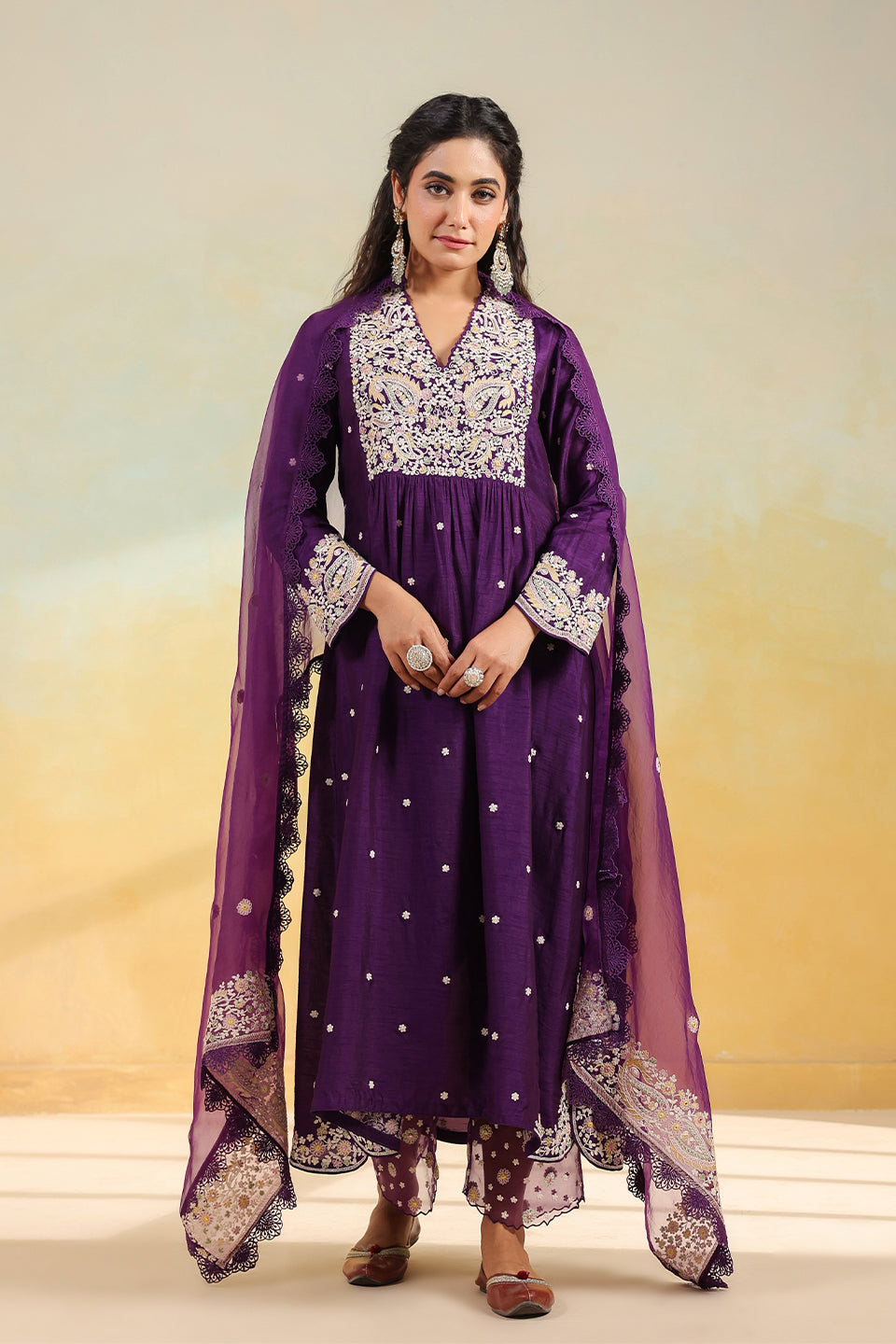 Purple Dori Paisley Frock Style Kurta Set