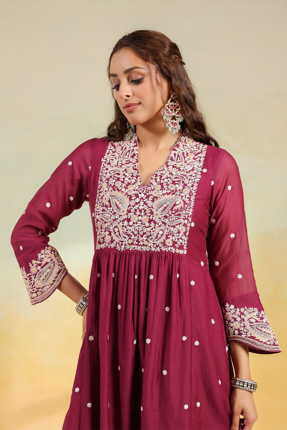 Wine Dori Paisley Frock Style Kurta Set