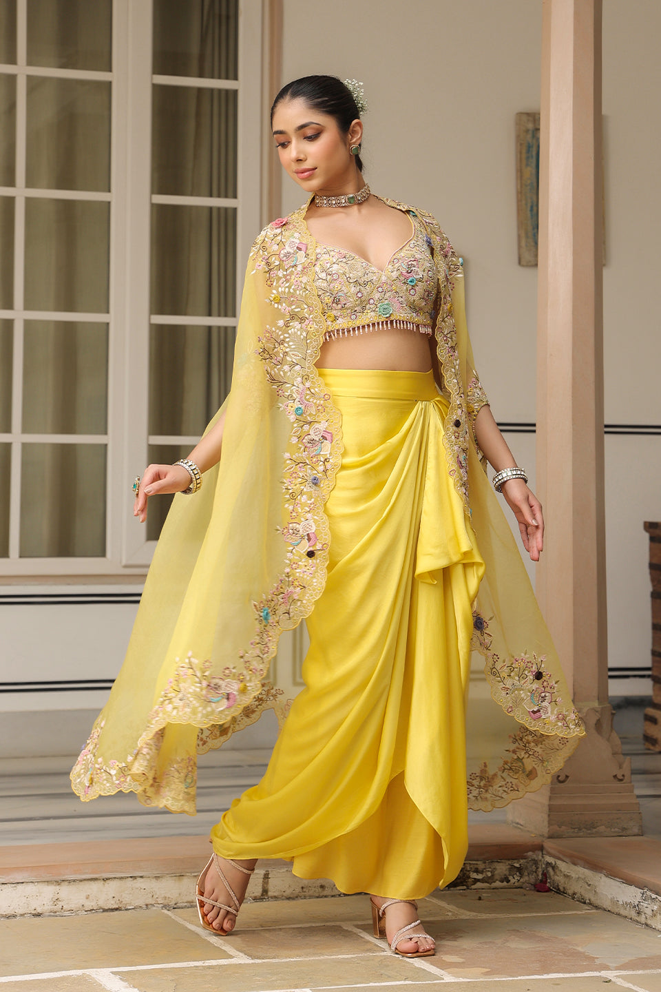 Gulzar Yellow Cape Drape Skirt Set